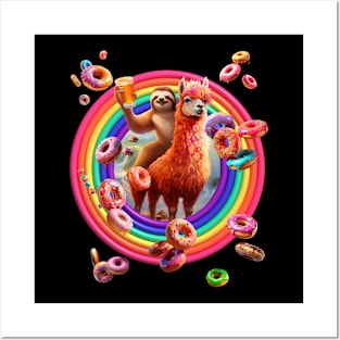 Sloth riding Alpaca drinking Beer among Rainbow Donuts Posters and Art